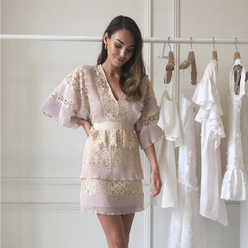 Stevie May Agatha Dress Sand‎ Lace Womens Medium Coquette Ruffle Feminine